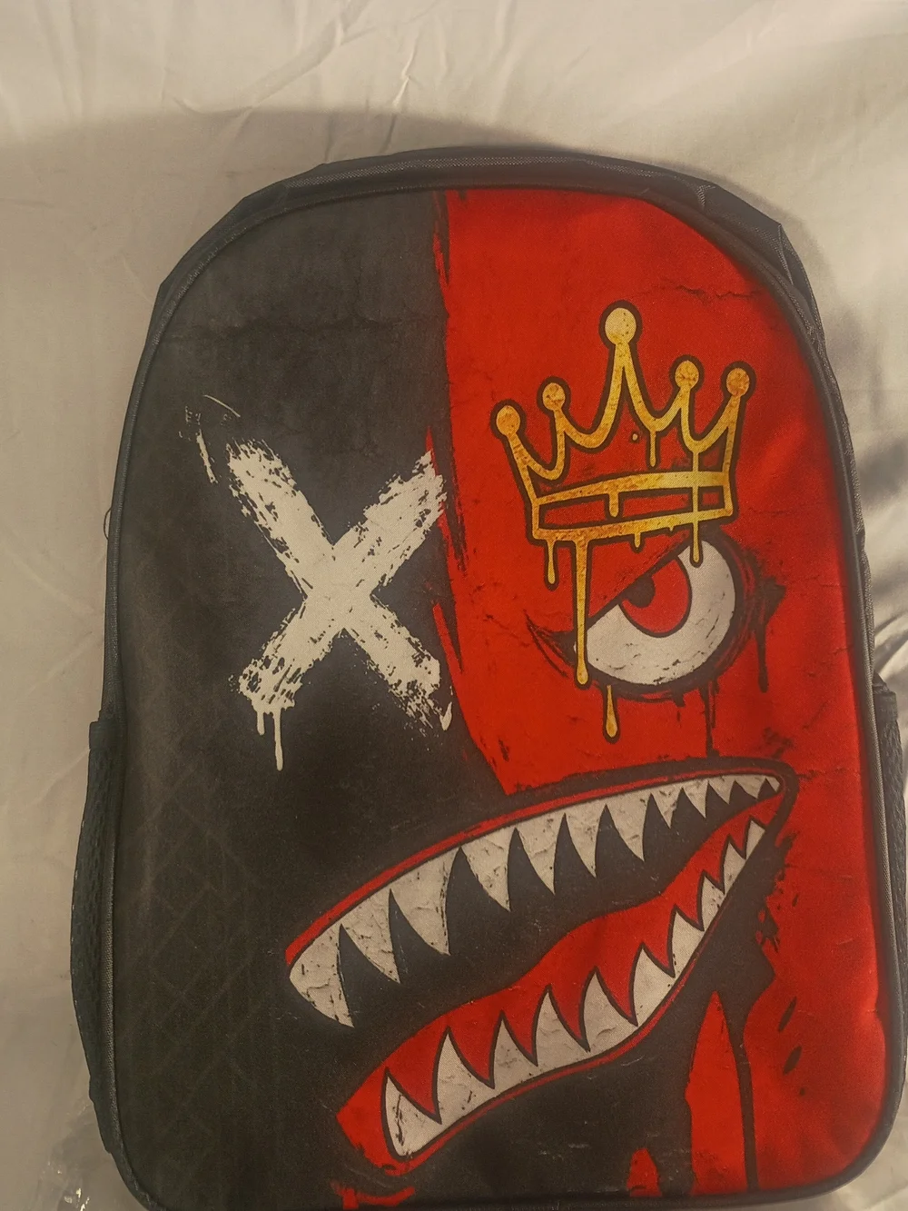 Graphic Shark Face Backpack with Crown and X Design - Black & Red